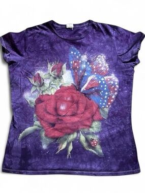 Vintage Purple Tie-Dye Tee with Red Rose & Patriotic Butterfly M